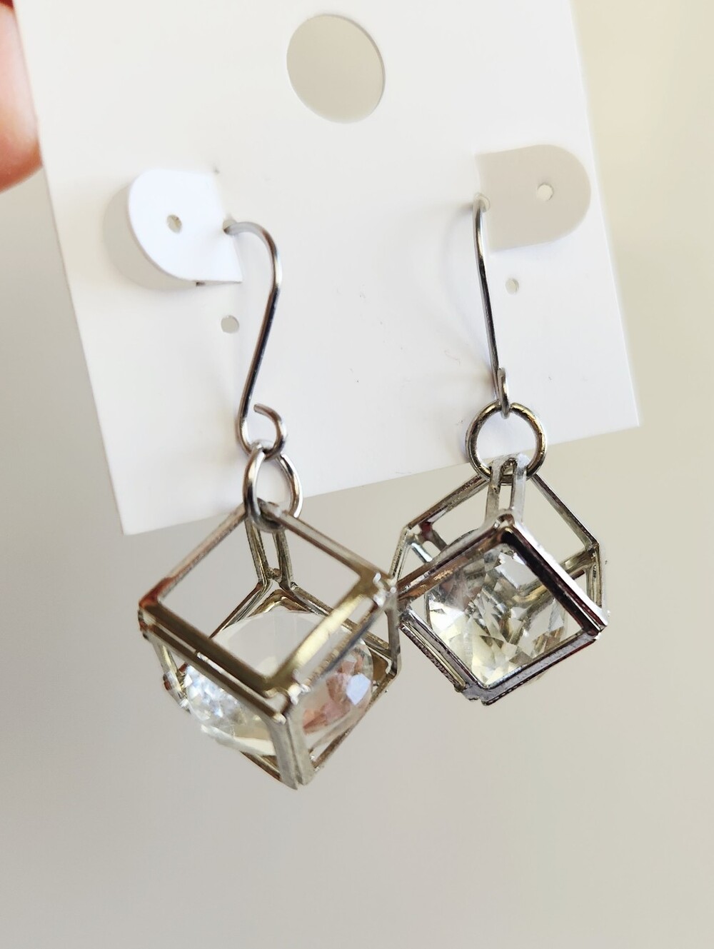 Silver Crystal Cube Drop Earrings - Clear Crystal